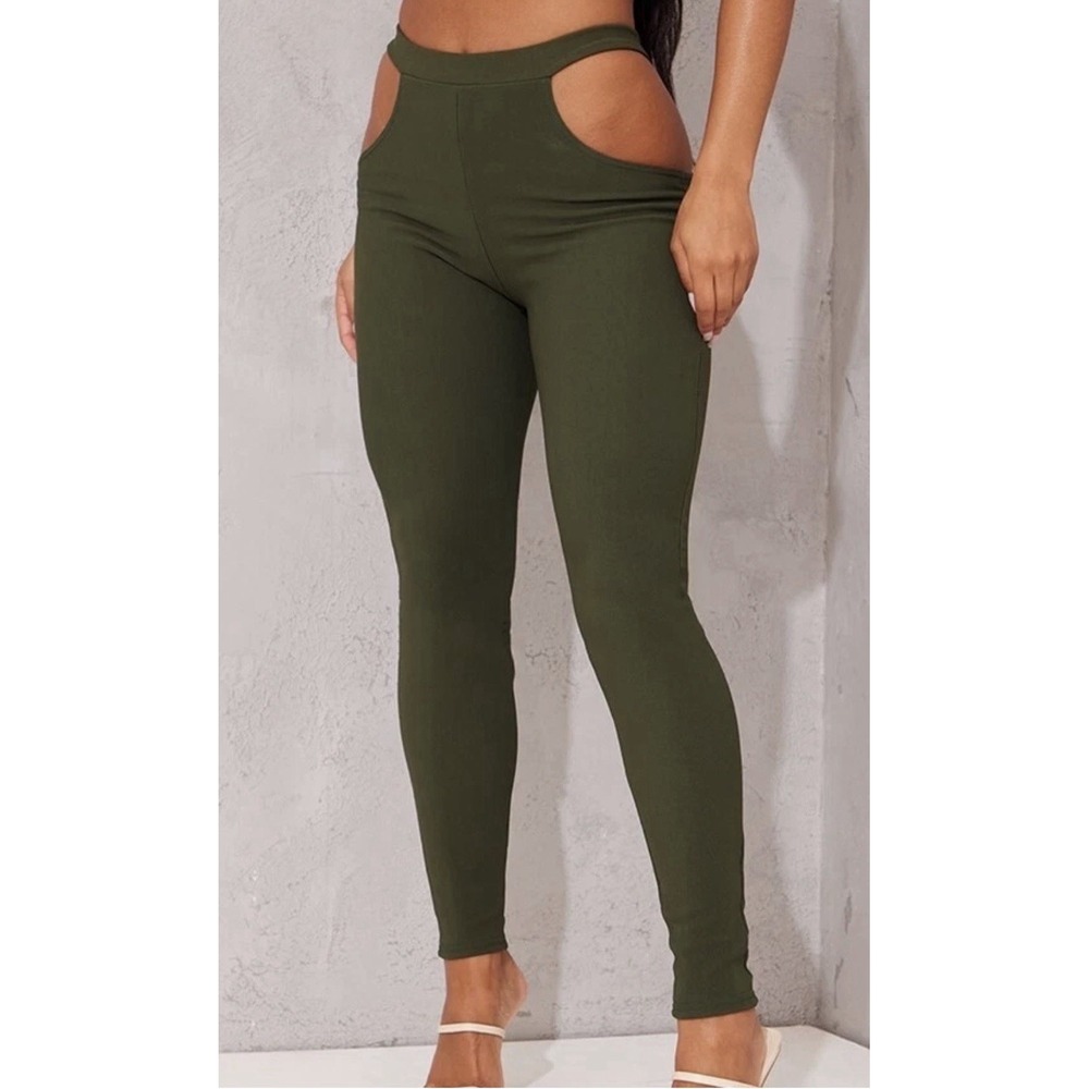 NWT Olive Green Rib Cut Out Bandage Leggings Pretty Little Thing Stretch Size 6